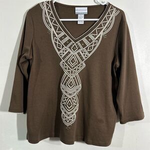 Alfred Dunner Petite Women's Embroidered Blouse Brown‎ V-Neck S